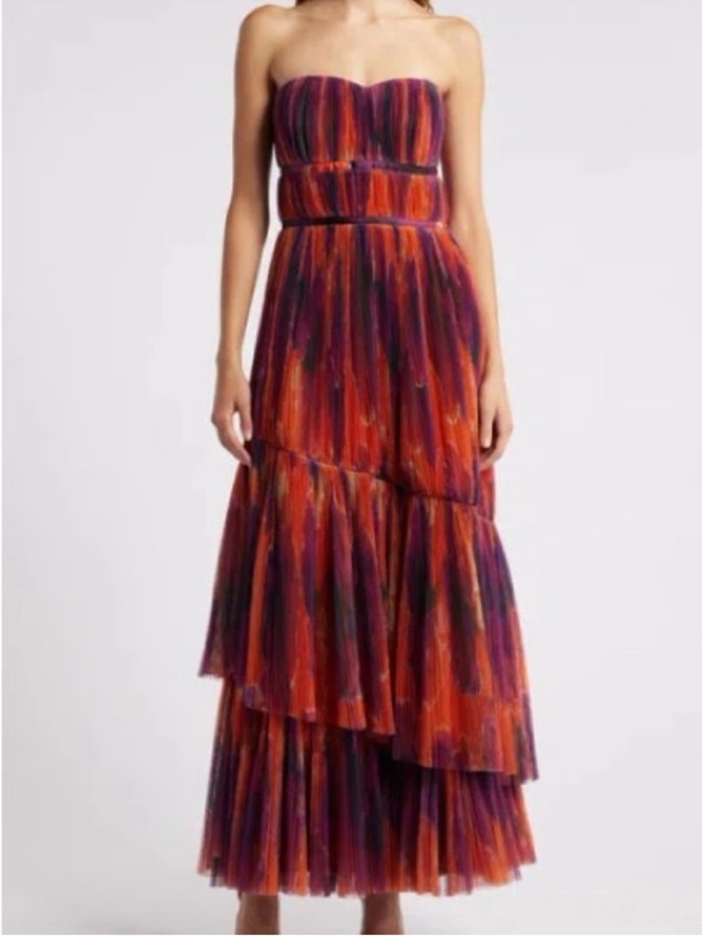 Hutch Strapless Tiered Maxi Dress in Red and Purple Brushstroke